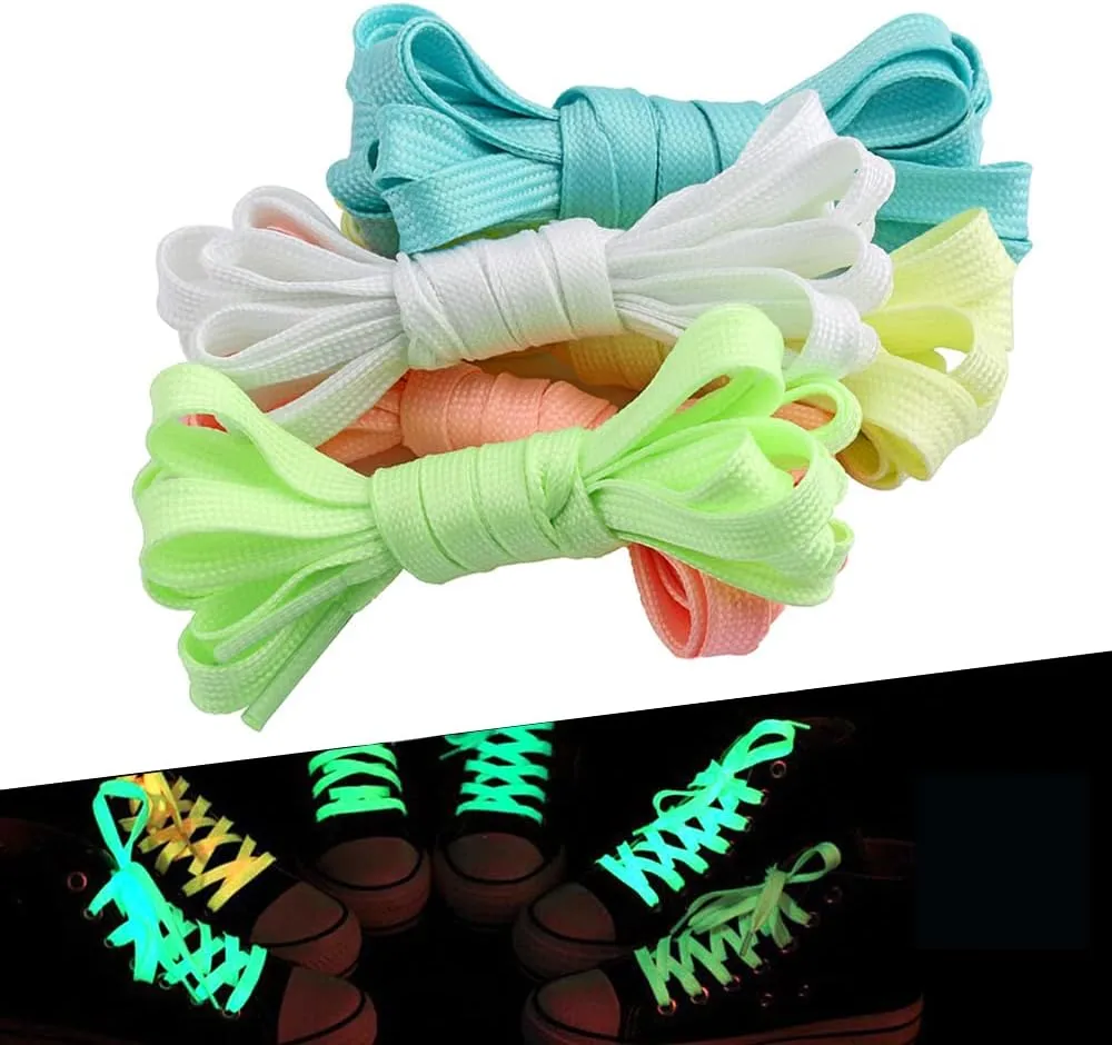 2 Pairs Flat Shoelaces for Sneakers,Double Layered Glow in the Dark Shoe Laces,Reflective Runing Shoestring