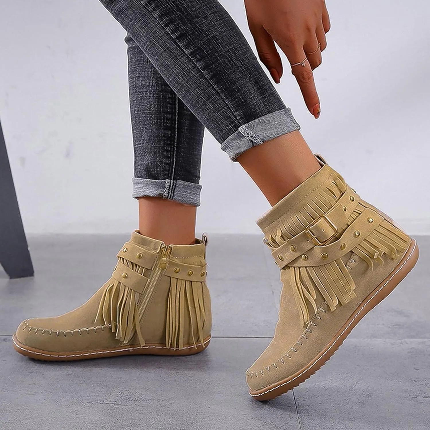 Ankle Boots for Women Flat Side Zip Vintage Womens Cowboy Boots Round Toe Fringe Buckle Straps Studded Western Cowboy Shoes