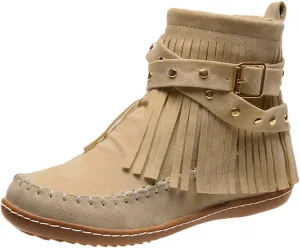 Ankle Boots for Women Flat Side Zip Vintage Womens Cowboy Boots Round Toe Fringe Buckle Straps Studded Western Cowboy Shoes