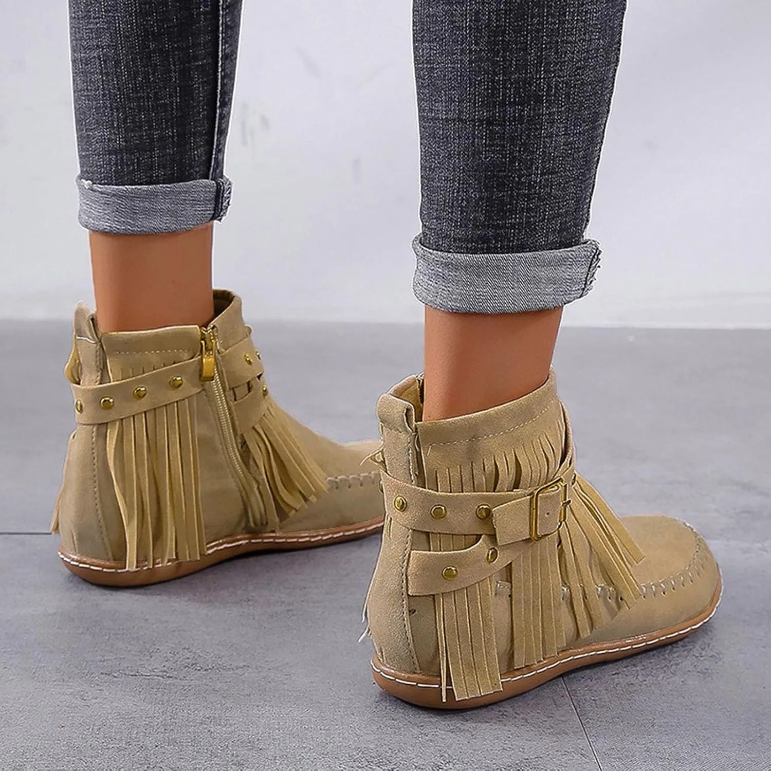 Ankle Boots for Women Flat Side Zip Vintage Womens Cowboy Boots Round Toe Fringe Buckle Straps Studded Western Cowboy Shoes