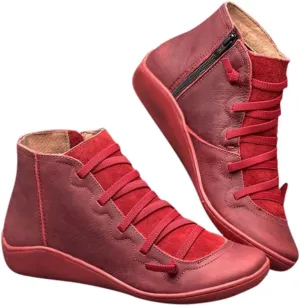 Ankle Boots for Women No Heel,2019 New Arch Support Booties Side Zip-up Vintage Leather Damping Shoes Flat Heel Booties