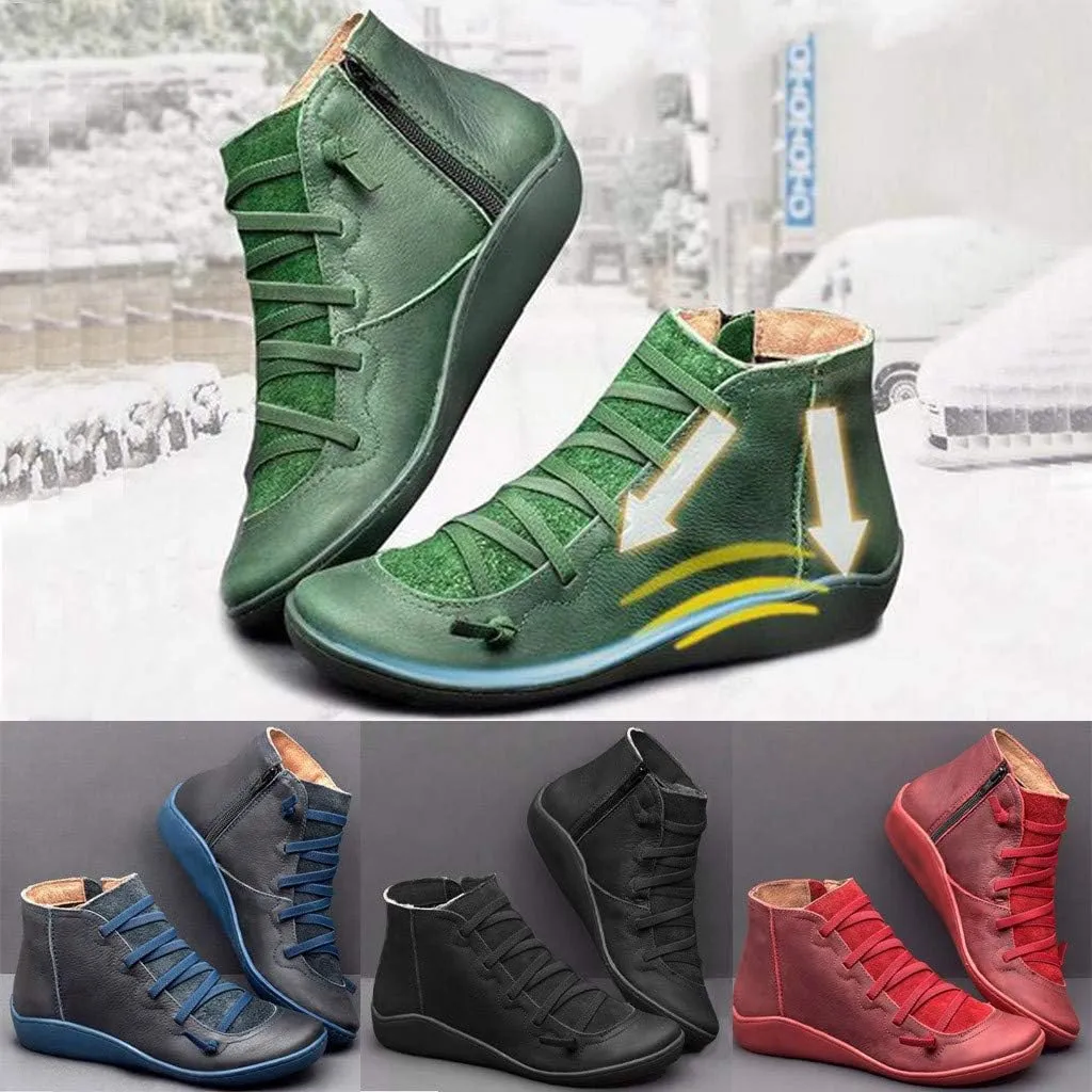 Ankle Boots for Women No Heel,2019 New Arch Support Boots Side Zipper Vintage Leather Damping Shoes Flat Heel Booties