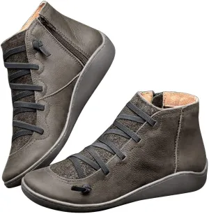 Ankle Boots for Women No Heel,2019 New Arch Support Boots Side Zipper Vintage Leather Damping Shoes Flat Heel Booties
