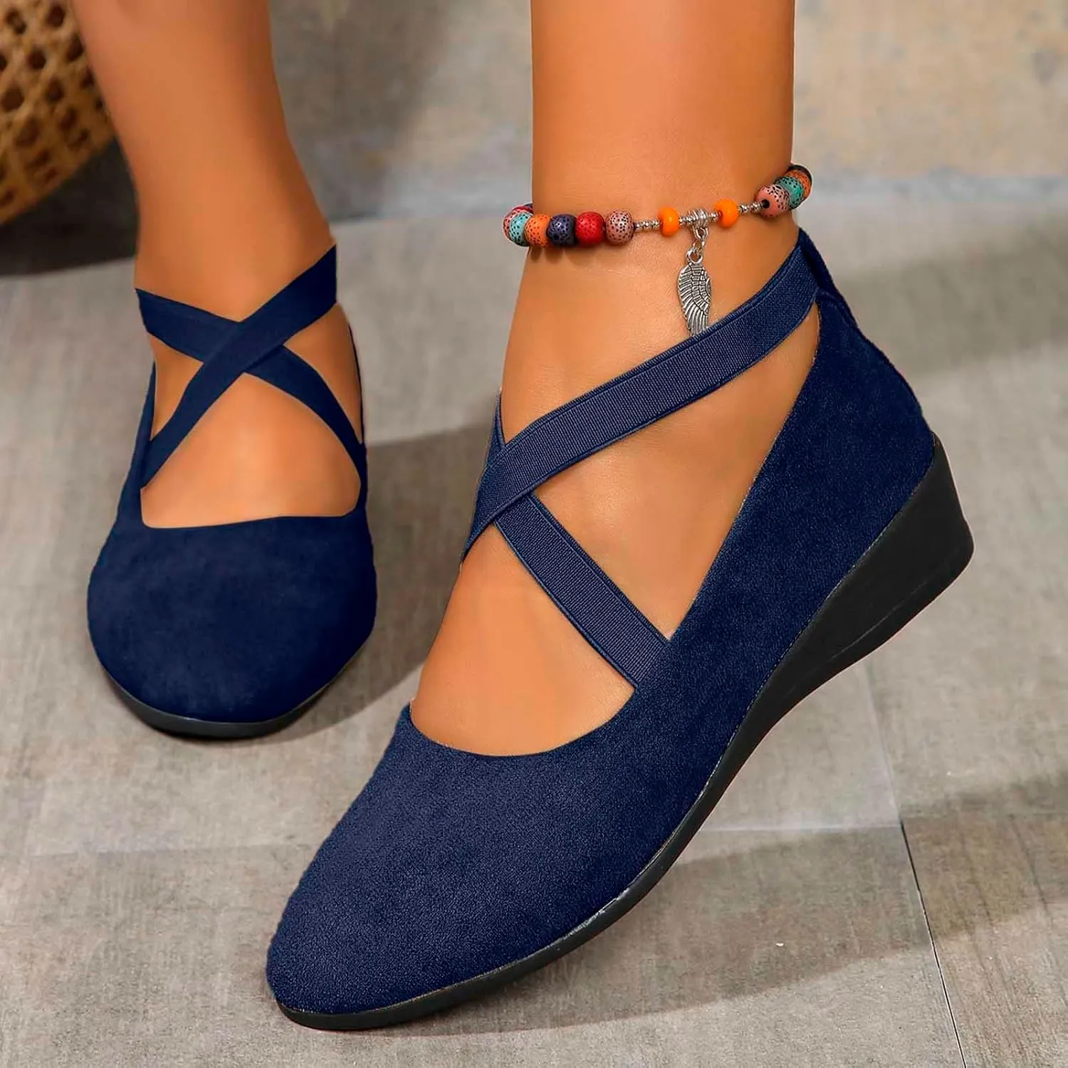 Ballet Flats Shoes for Women Crisscross Elastic Ankle Straps Shoes Round Closed Toe Wedge Slip-On Flats Comfortable Fashion Lightweight Dressy Casual Loafers