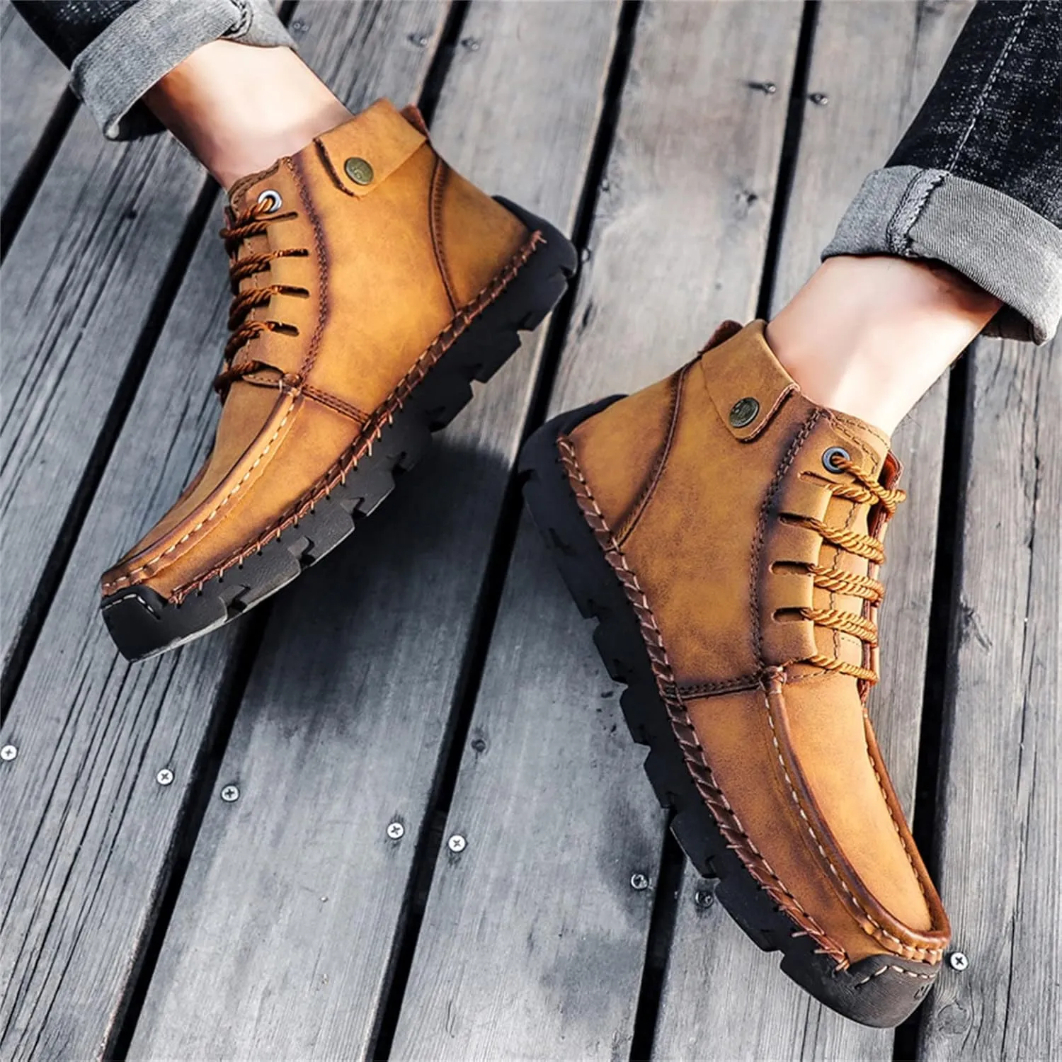 Black Lace up Booties British Boots for Men Fashion High-Top Leather Motorcycle Walking Slip on Shoe Outdoor Shoes