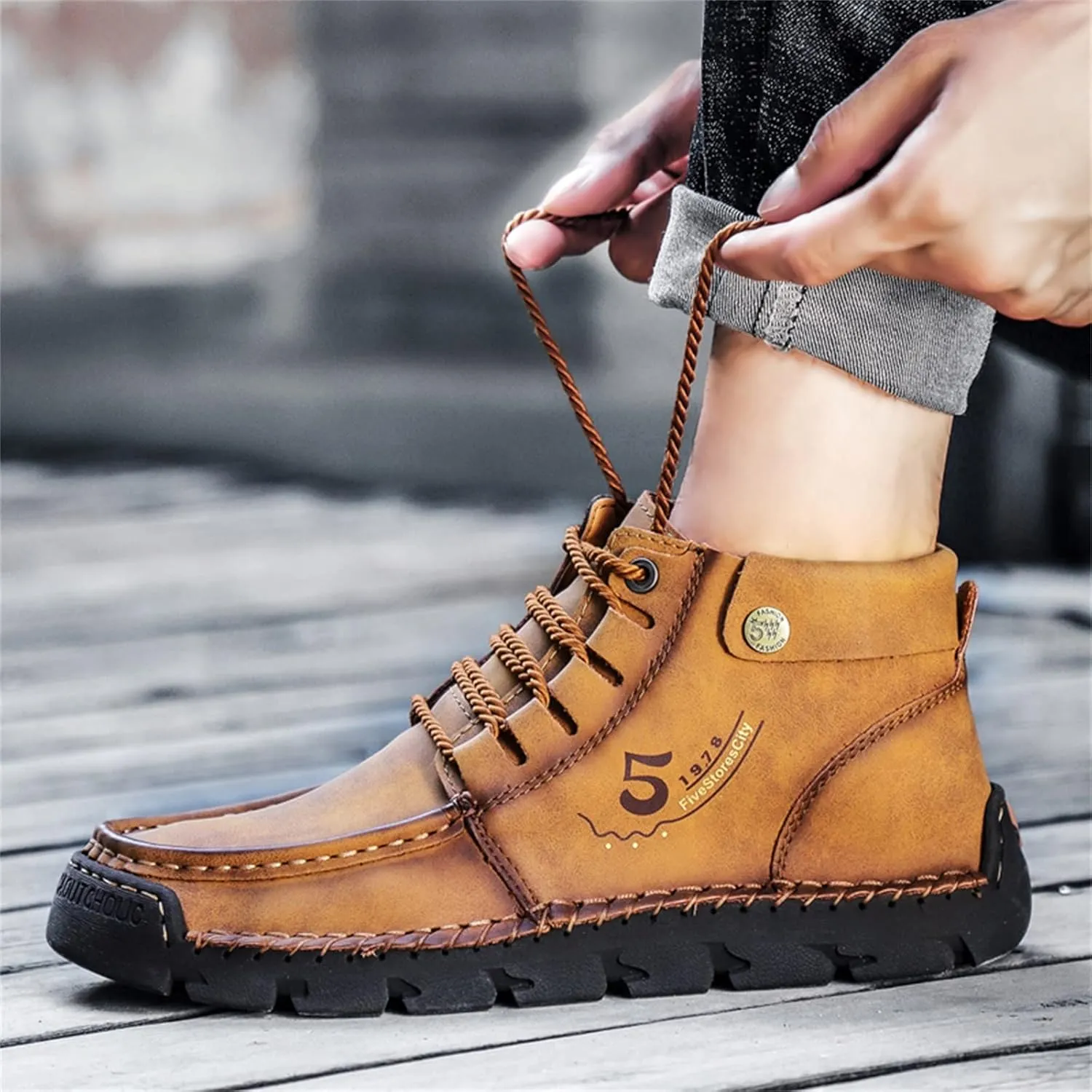 Black Lace up Booties British Boots for Men Fashion High-Top Leather Motorcycle Walking Slip on Shoe Outdoor Shoes