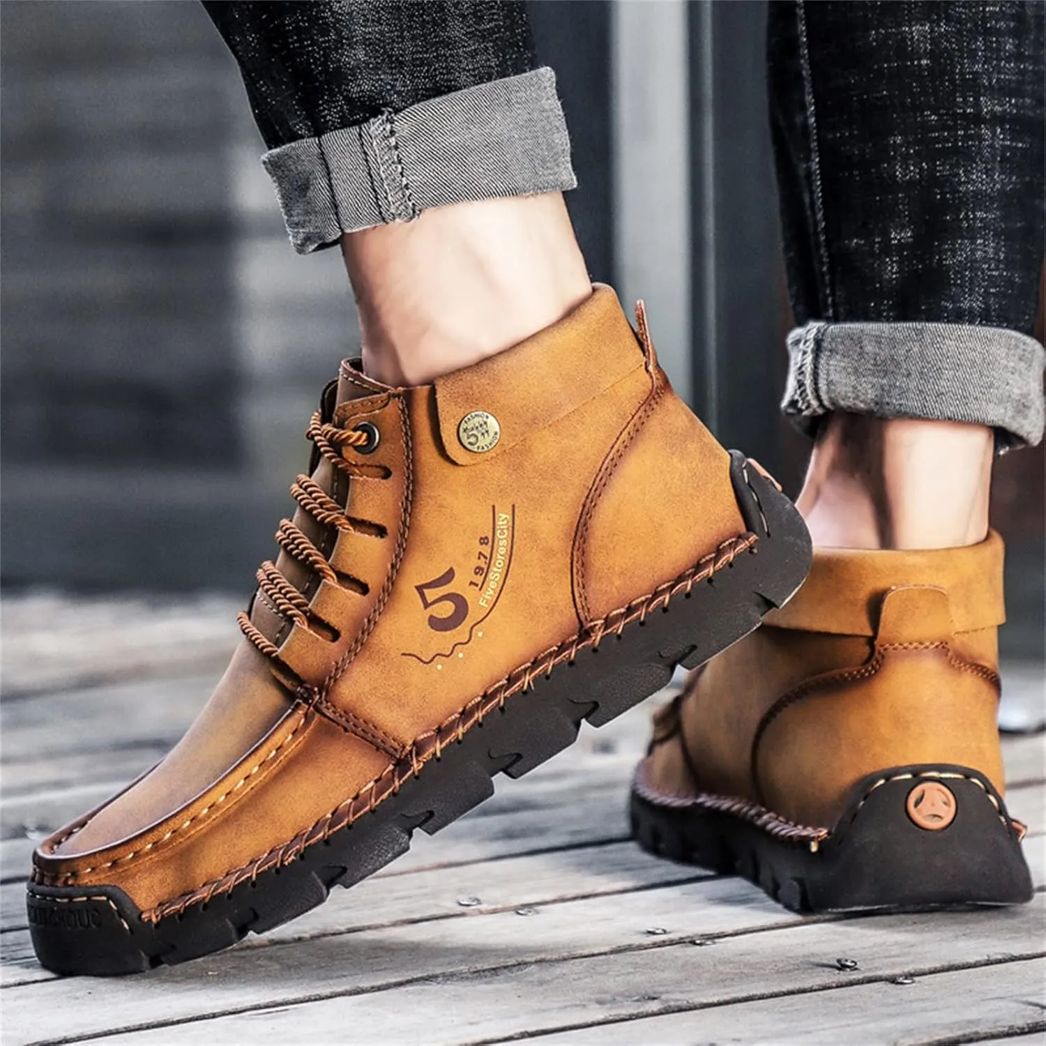 Black Lace up Booties British Boots for Men Fashion High-Top Leather Motorcycle Walking Slip on Shoe Outdoor Shoes