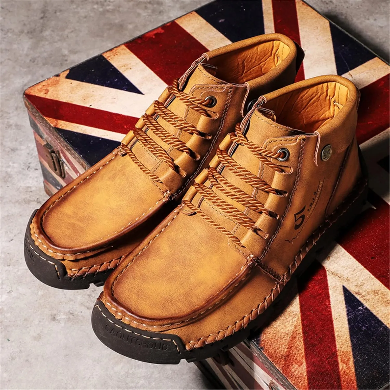 Black Lace up Booties British Boots for Men Fashion High-Top Leather Motorcycle Walking Slip on Shoe Outdoor Shoes