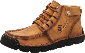 Black Lace up Booties British Boots for Men Fashion High-Top Leather Motorcycle Walking Slip on Shoe Outdoor Shoes