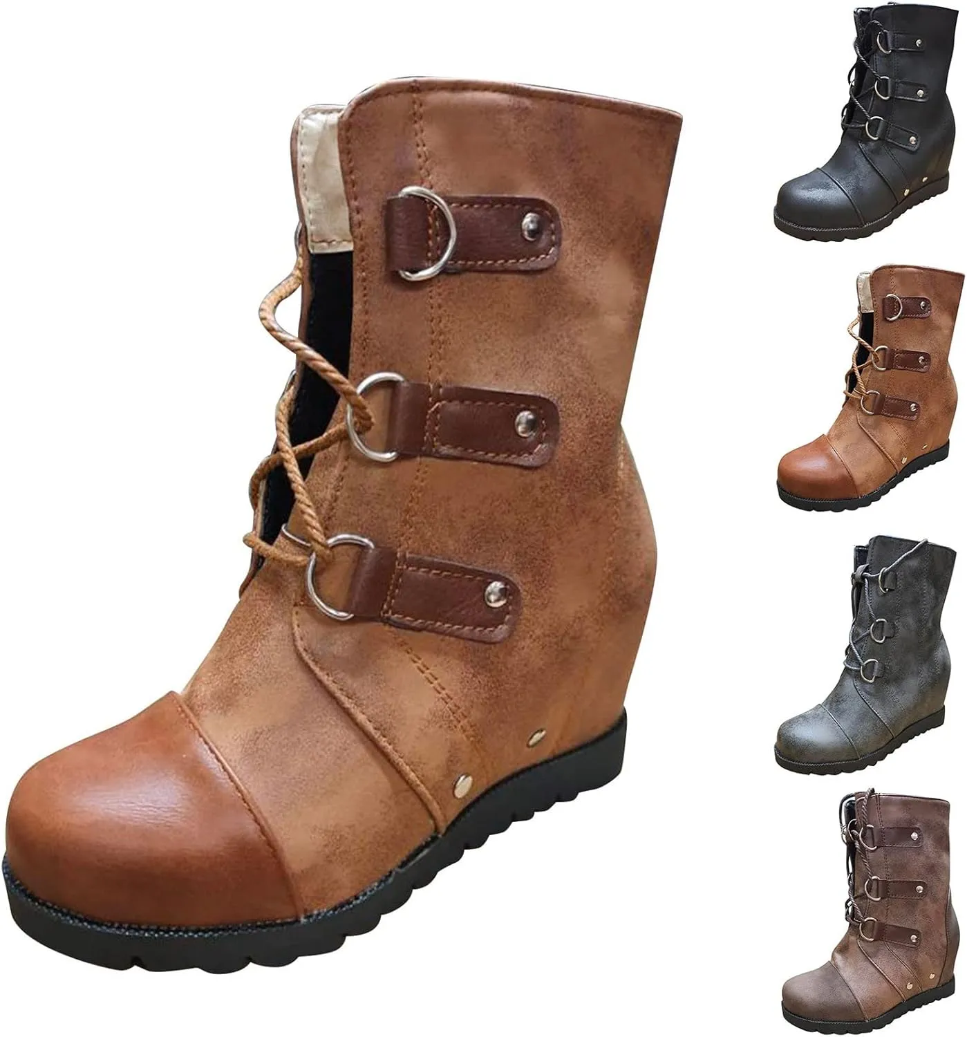 Boots for Women Wedges Ankle Booties Retro V Cutout Comfy Short Boots Color Block Chunky Block Heels Shoes 52