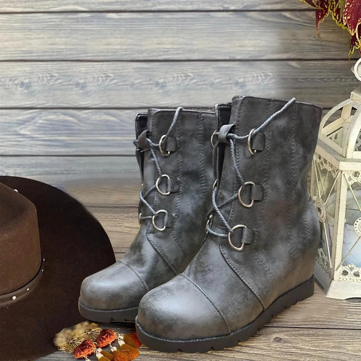 Boots for Women Wedges Ankle Booties Retro V Cutout Comfy Short Boots Color Block Chunky Block Heels Shoes 52