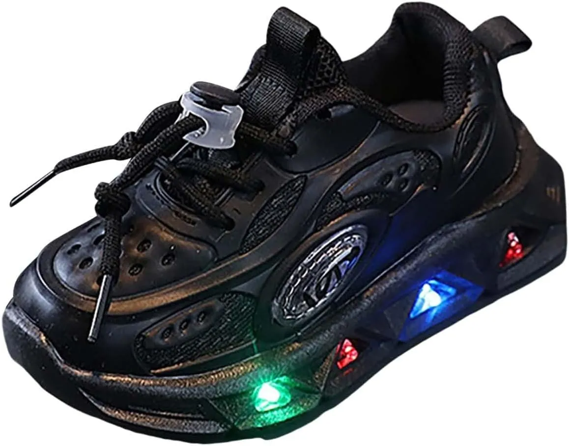 Boys Light Up Shoes LED Flashing Lightweight Mesh Breathable Adorable Solid Color Running Sneakers for Toddler (Black, 7 Toddler)