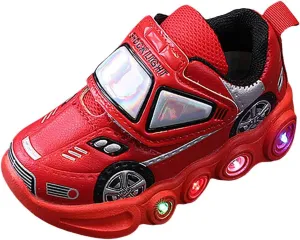 Boys Light Up Shoes LED Flashing Lightweight Sneakers Car Printing Adorable Solid Color Running Sneakers for Toddler (Red, 7 Toddler)