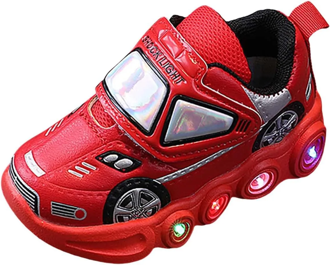 Boys Light Up Shoes LED Flashing Lightweight Sneakers Car Printing Adorable Solid Color Running Sneakers for Toddler (Red, 7 Toddler)