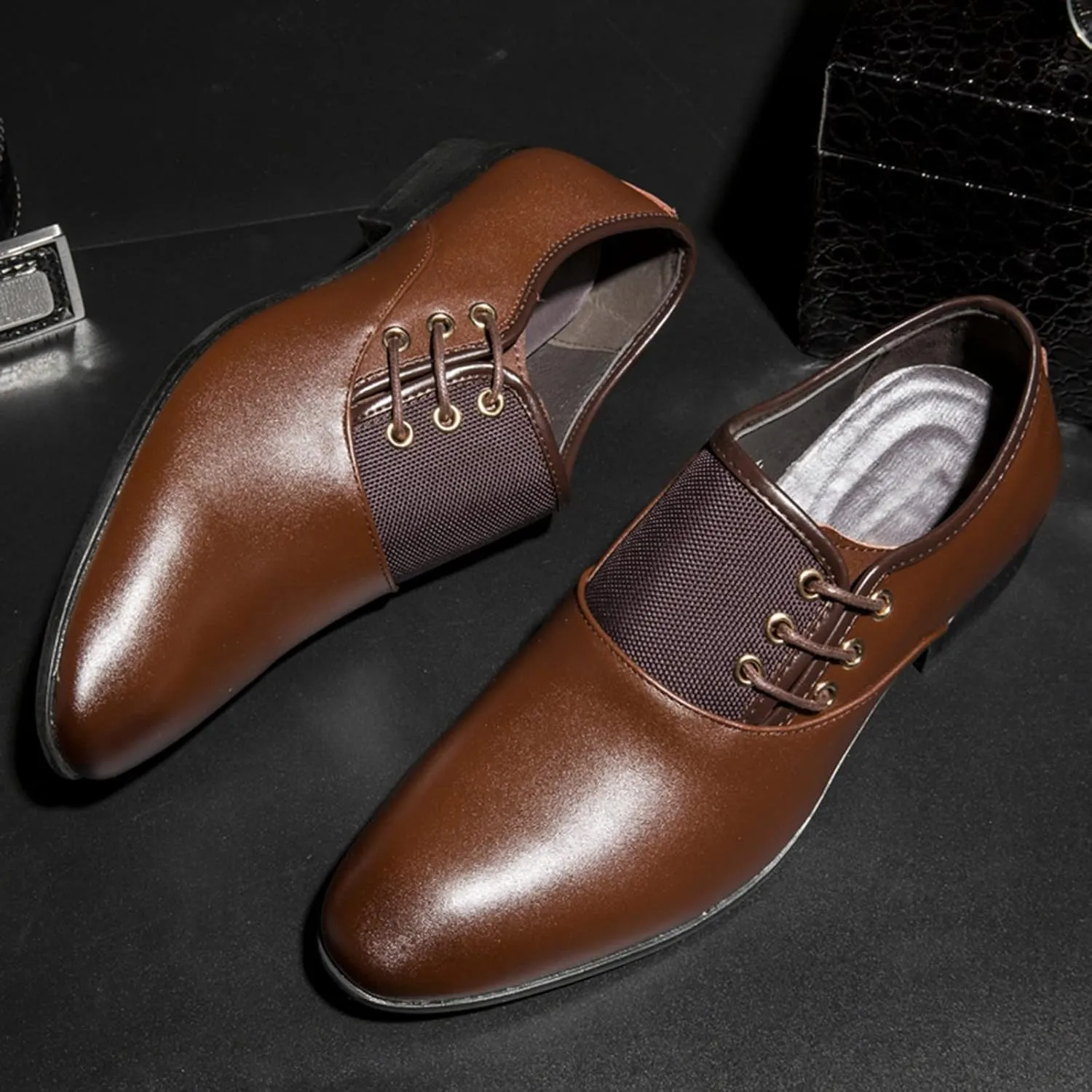 Brown Dress Shoes for Men Wide Width Classical Style Leather Shoes for Men Slip On PU Leather Low Rubber Sole Block Heel Work Business Shoes Men Casual Brown Leather