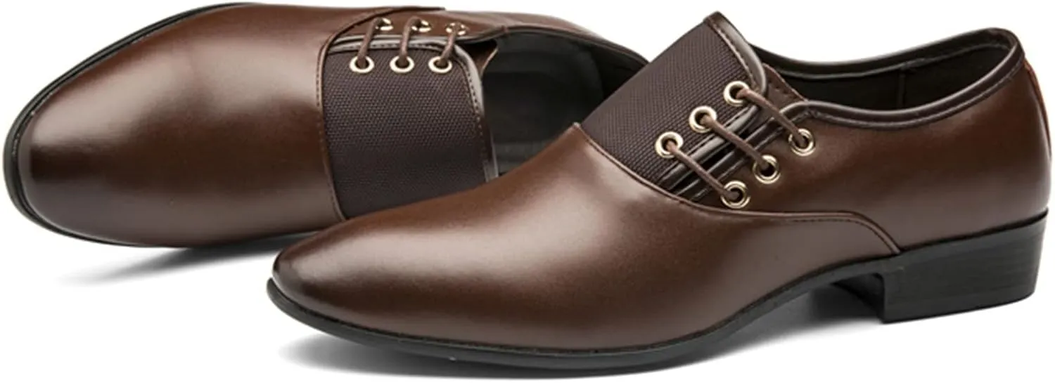 Brown Dress Shoes for Men Wide Width Classical Style Leather Shoes for Men Slip On PU Leather Low Rubber Sole Block Heel Work Business Shoes Men Casual Brown Leather