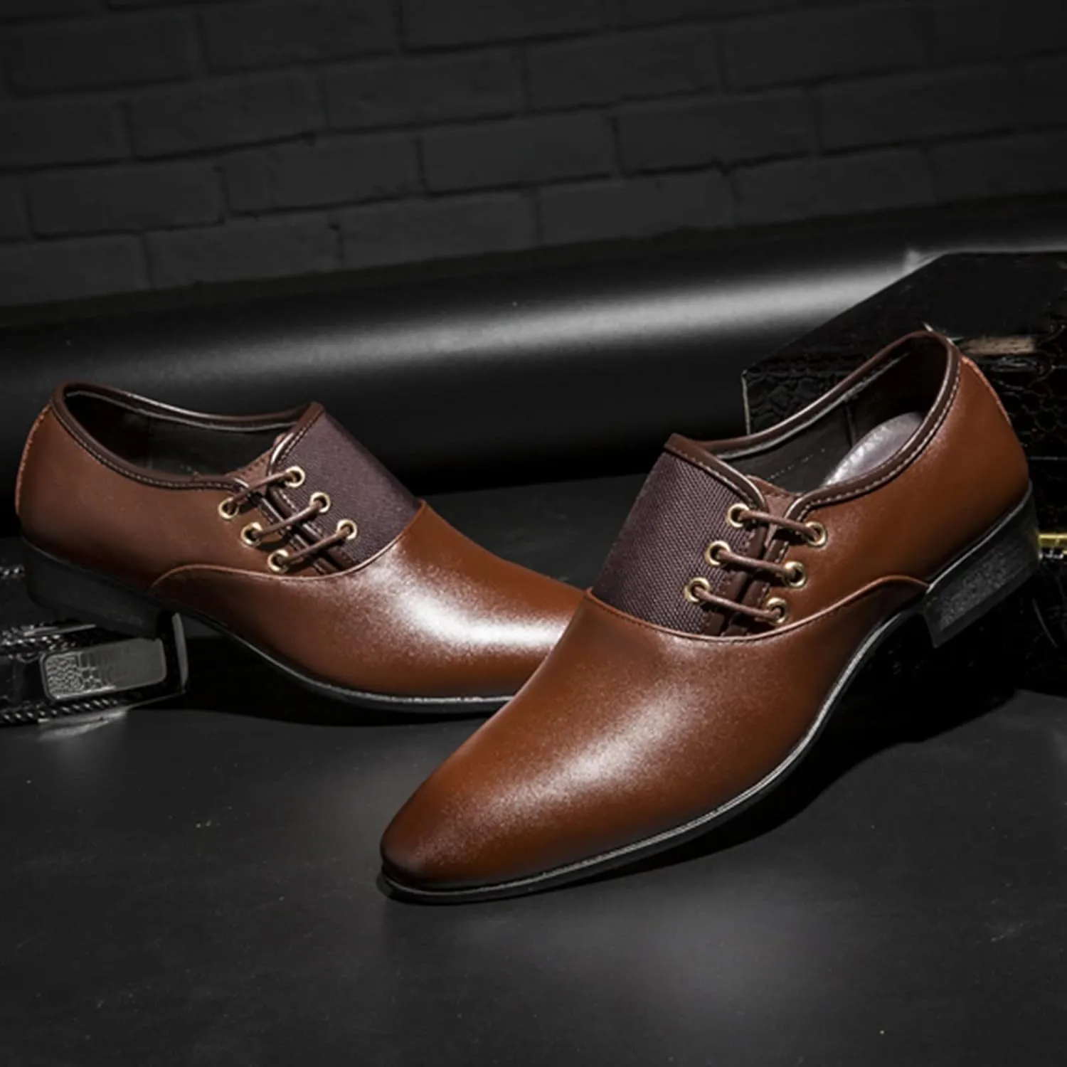Brown Dress Shoes for Men Wide Width Classical Style Leather Shoes for Men Slip On PU Leather Low Rubber Sole Block Heel Work Business Shoes Men Casual Brown Leather