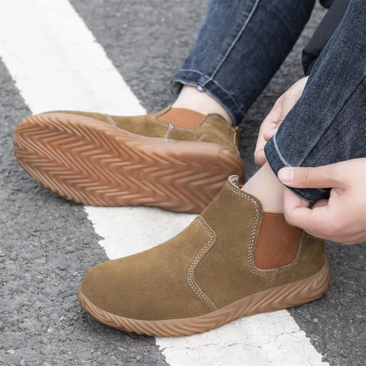 Brown Suede Platform Chukka Boots for Men Casual Comfortable Round Toe Anti-Slip Ankle Booties Lightweight Shoes
