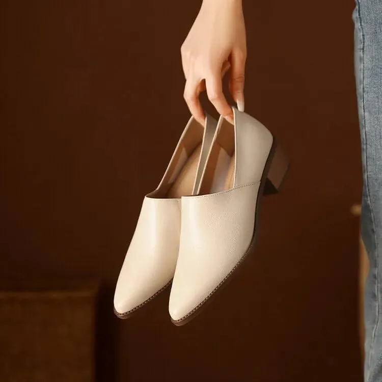 Chic Sheepskin Leather Loafers: Pointed Toe & Chunky Heel