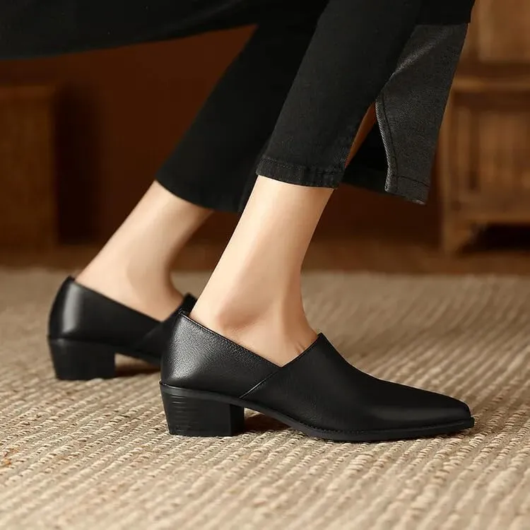 Chic Sheepskin Leather Loafers: Pointed Toe & Chunky Heel