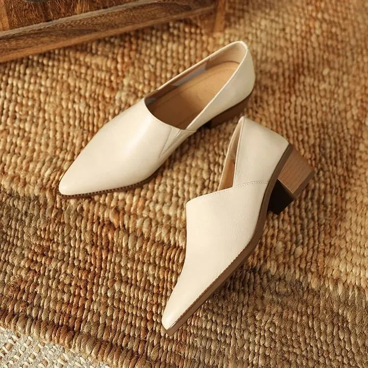 Chic Sheepskin Leather Loafers: Pointed Toe & Chunky Heel
