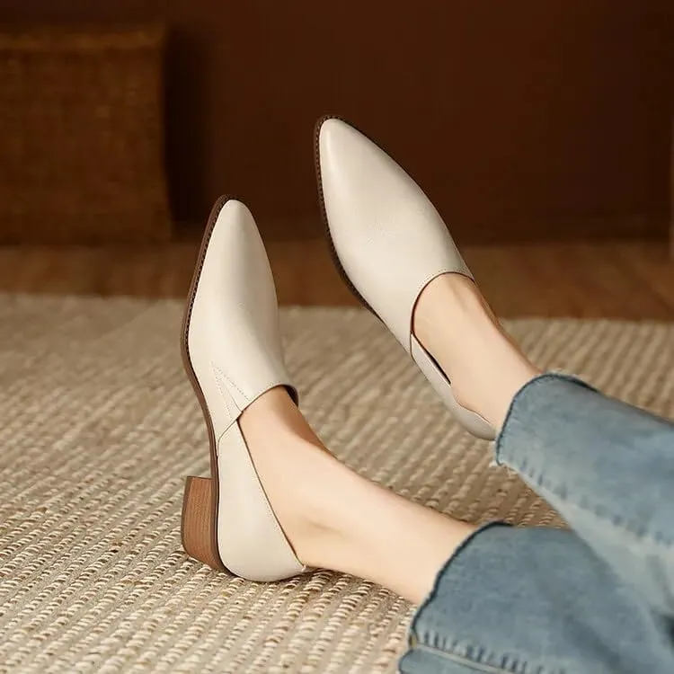 Chic Sheepskin Leather Loafers: Pointed Toe & Chunky Heel
