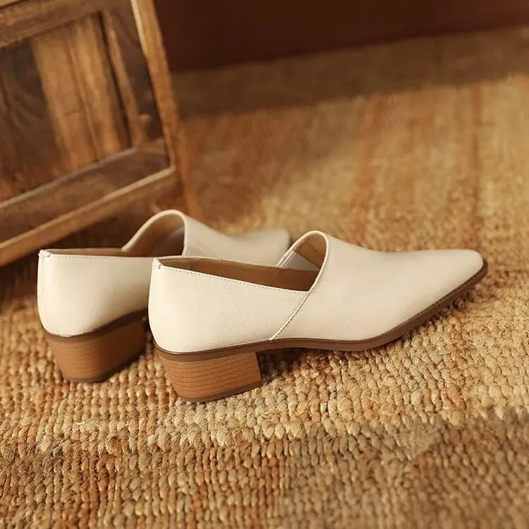 Chic Sheepskin Leather Loafers: Pointed Toe & Chunky Heel