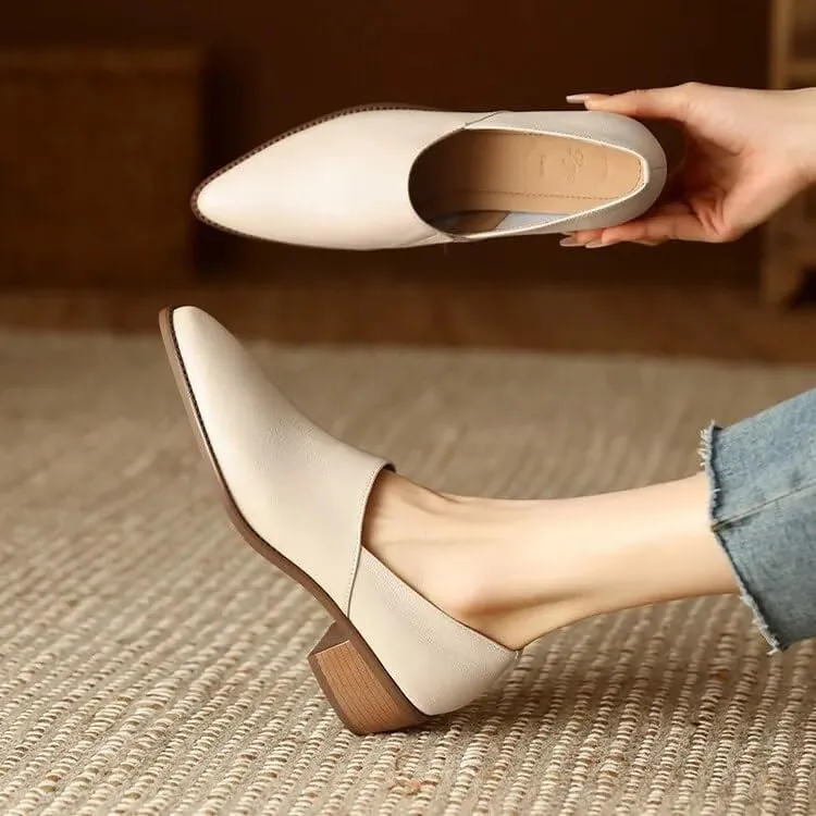 Chic Sheepskin Leather Loafers: Pointed Toe & Chunky Heel