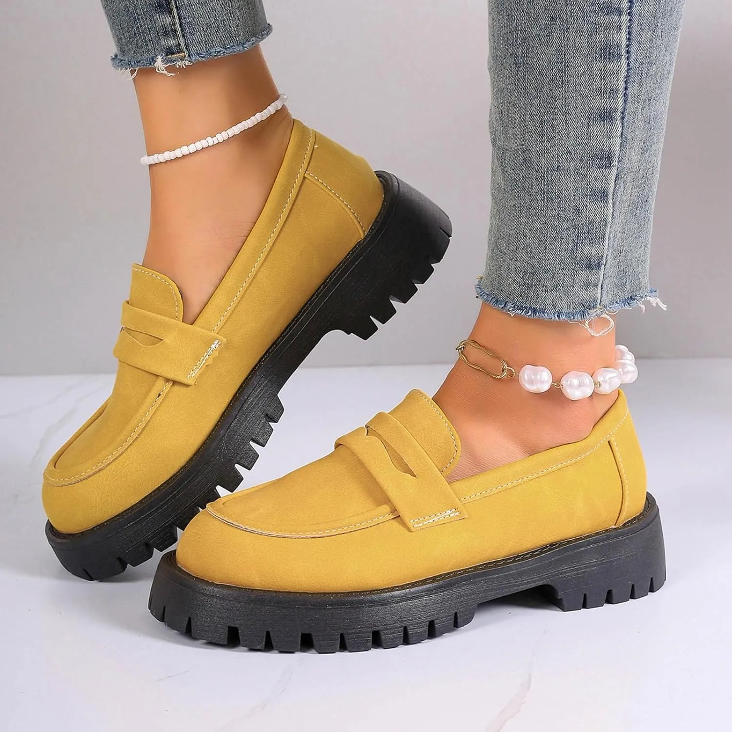 Chunky Loafers Women Slip-On Business Shoes Comfortable Work Shoes Casual Platform Loafers Leather Penny Loafers