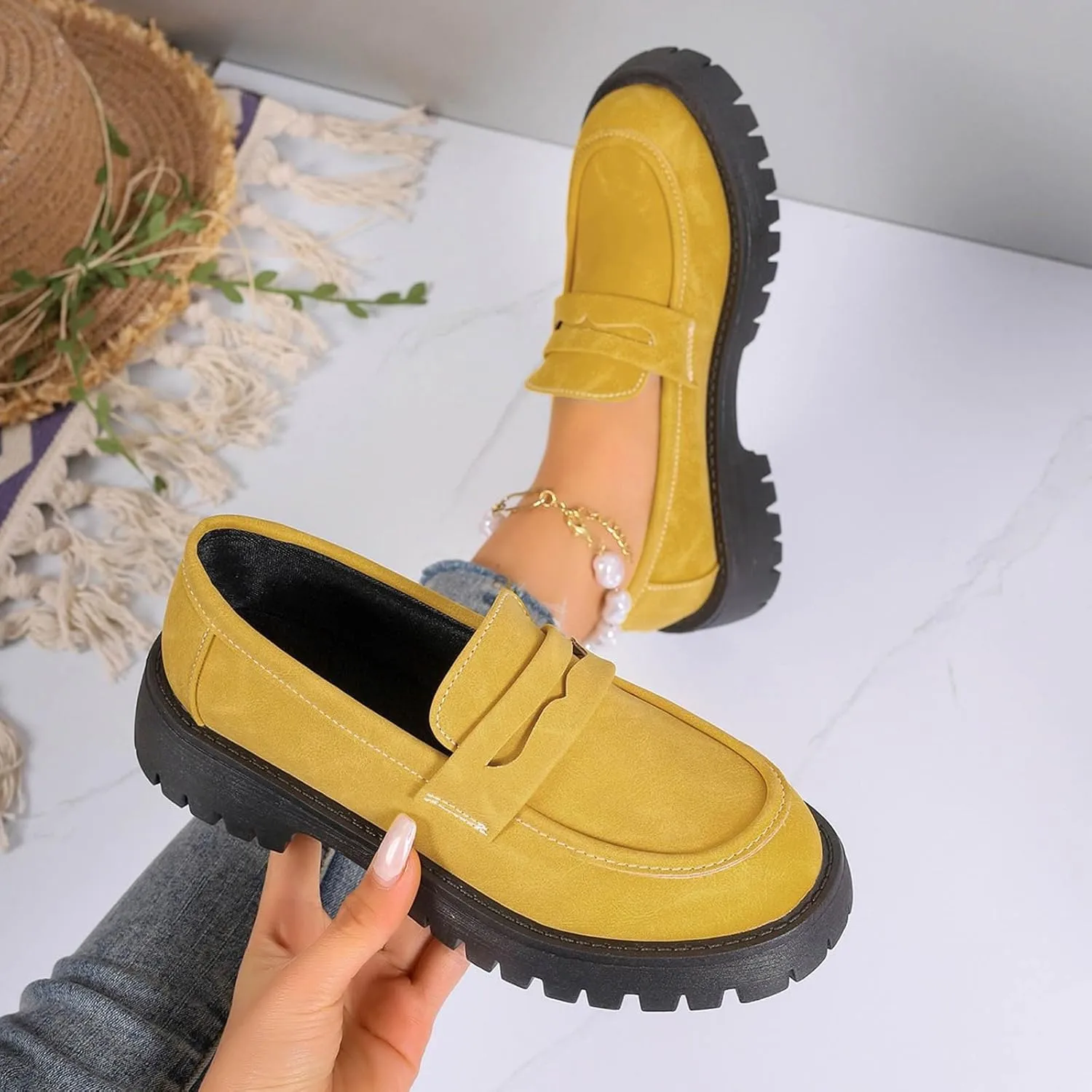 Chunky Loafers Women Slip-On Business Shoes Comfortable Work Shoes Casual Platform Loafers Leather Penny Loafers