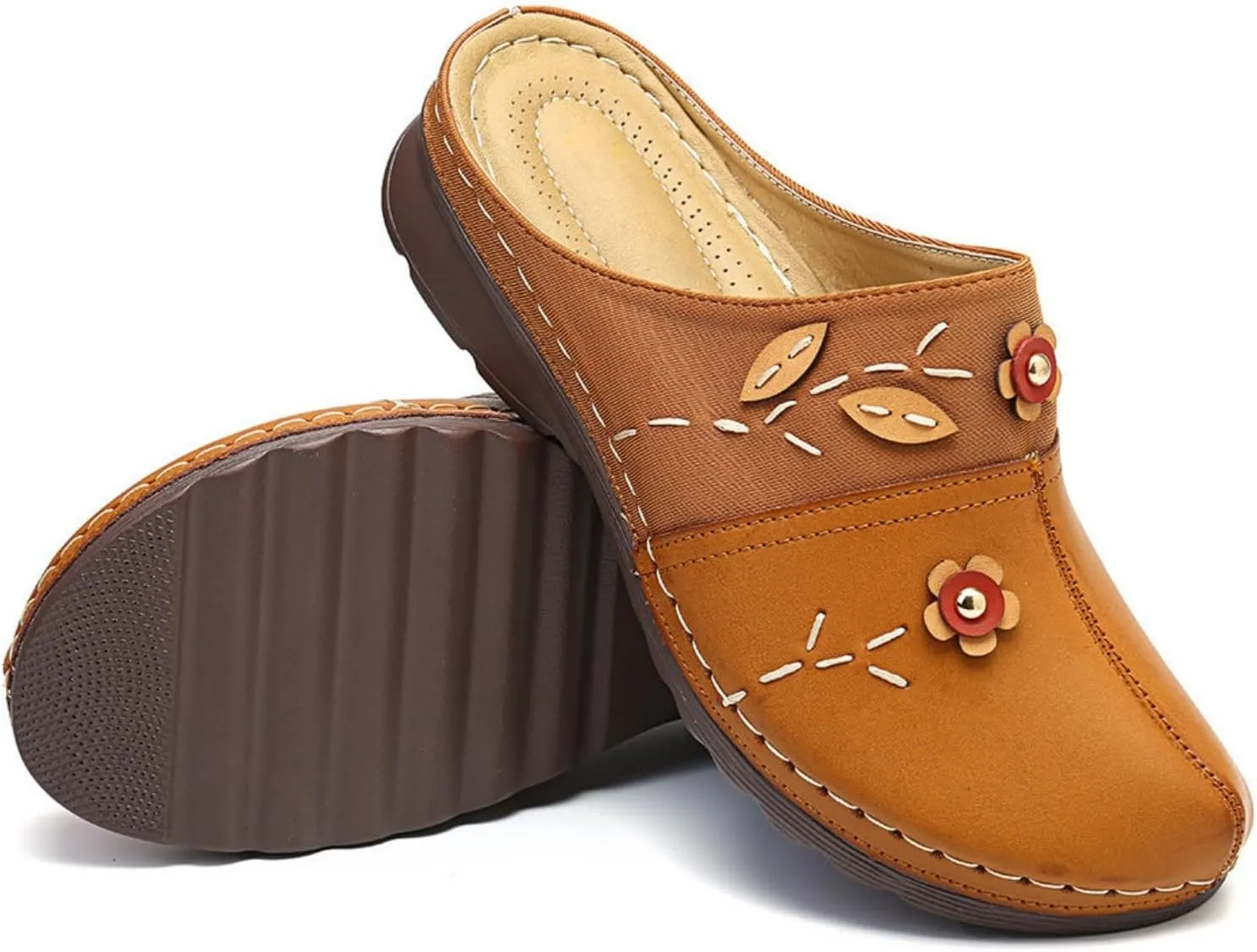 Clogs for Women Slip On Flower Decoration Flat Mules for Women 2025 Wide Width Comfortable Slippers Faux Leather Dressy Summer Loafer Indoor & Outdoor Slippers Fashion Clogs Soft Soles Lightweight