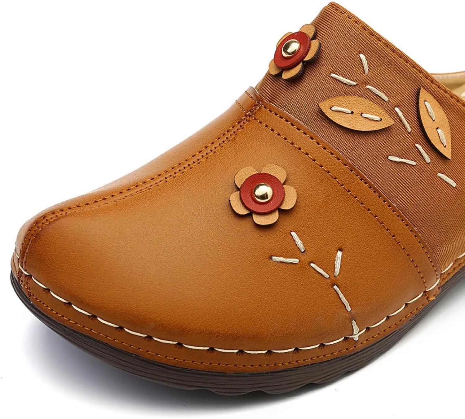 Clogs for Women Slip On Flower Decoration Flat Mules for Women 2025 Wide Width Comfortable Slippers Faux Leather Dressy Summer Loafer Indoor & Outdoor Slippers Fashion Clogs Soft Soles Lightweight