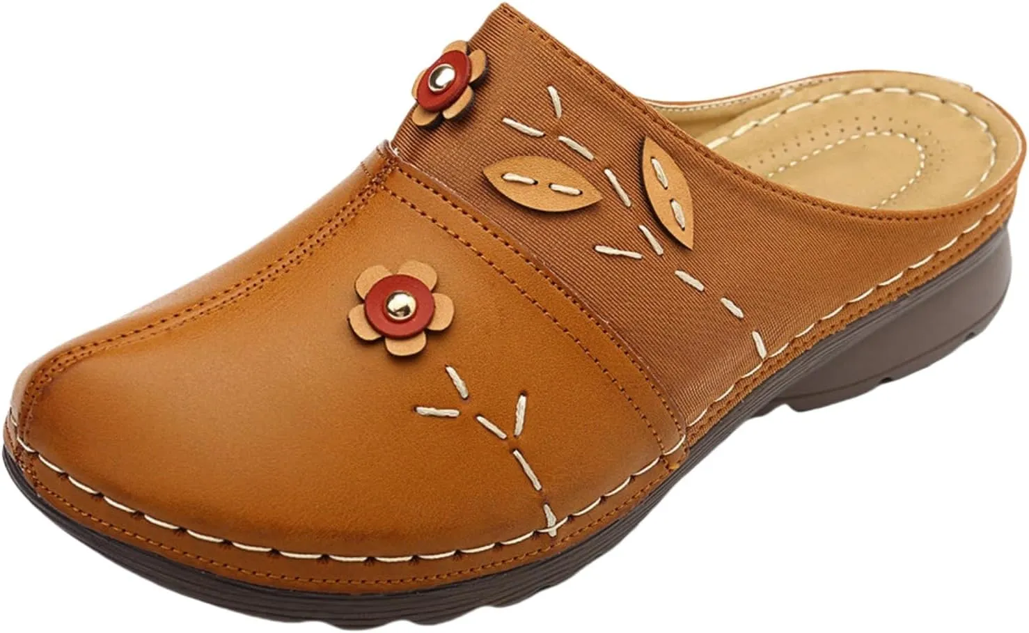 Clogs for Women Slip On Flower Decoration Flat Mules for Women 2025 Wide Width Comfortable Slippers Faux Leather Dressy Summer Loafer Indoor & Outdoor Slippers Fashion Clogs Soft Soles Lightweight