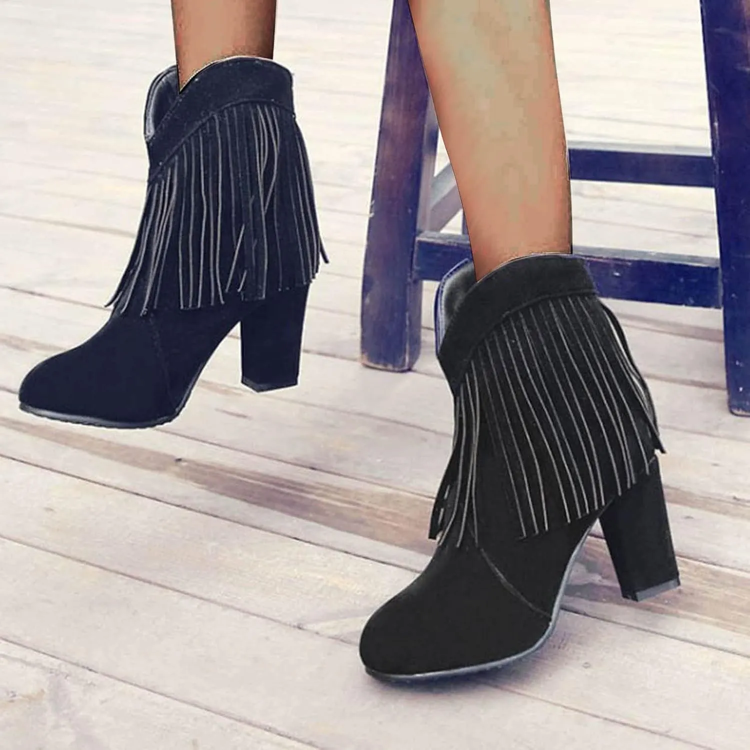 Cowboy Boots for Women Flat Womens Ruffled Ankle Boots Low Chunky Block Stacked Heel Boots Slip On Pointed Toe Western Shoes 52