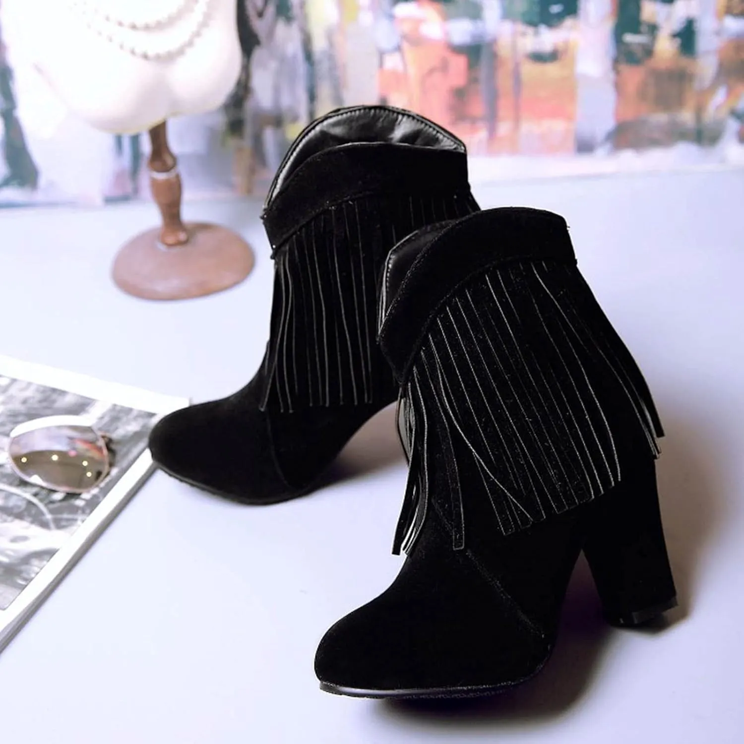 Cowboy Boots for Women Flat Womens Ruffled Ankle Boots Low Chunky Block Stacked Heel Boots Slip On Pointed Toe Western Shoes 52
