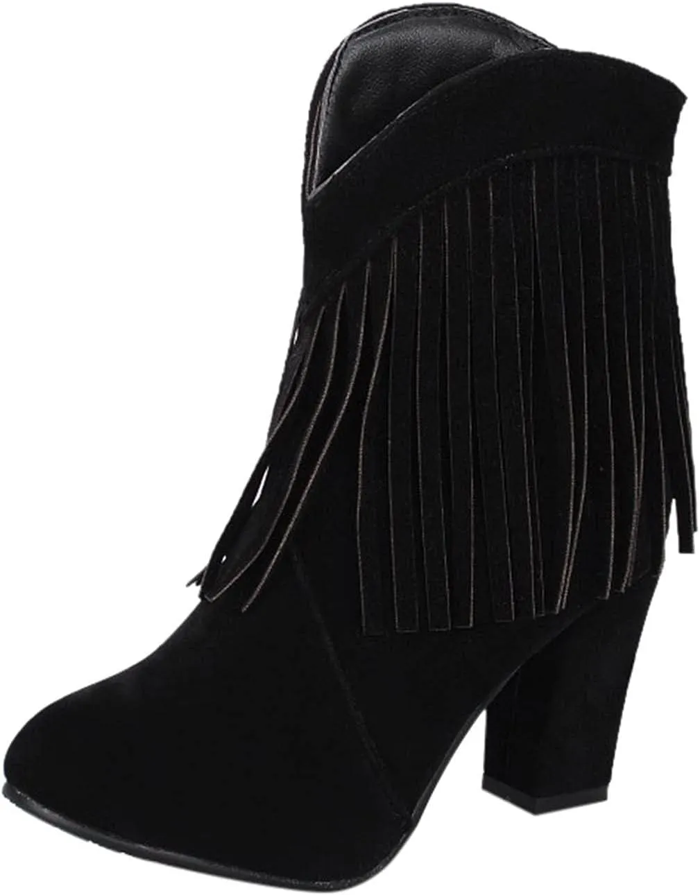 Cowboy Boots for Women Flat Womens Ruffled Ankle Boots Low Chunky Block Stacked Heel Boots Slip On Pointed Toe Western Shoes 52