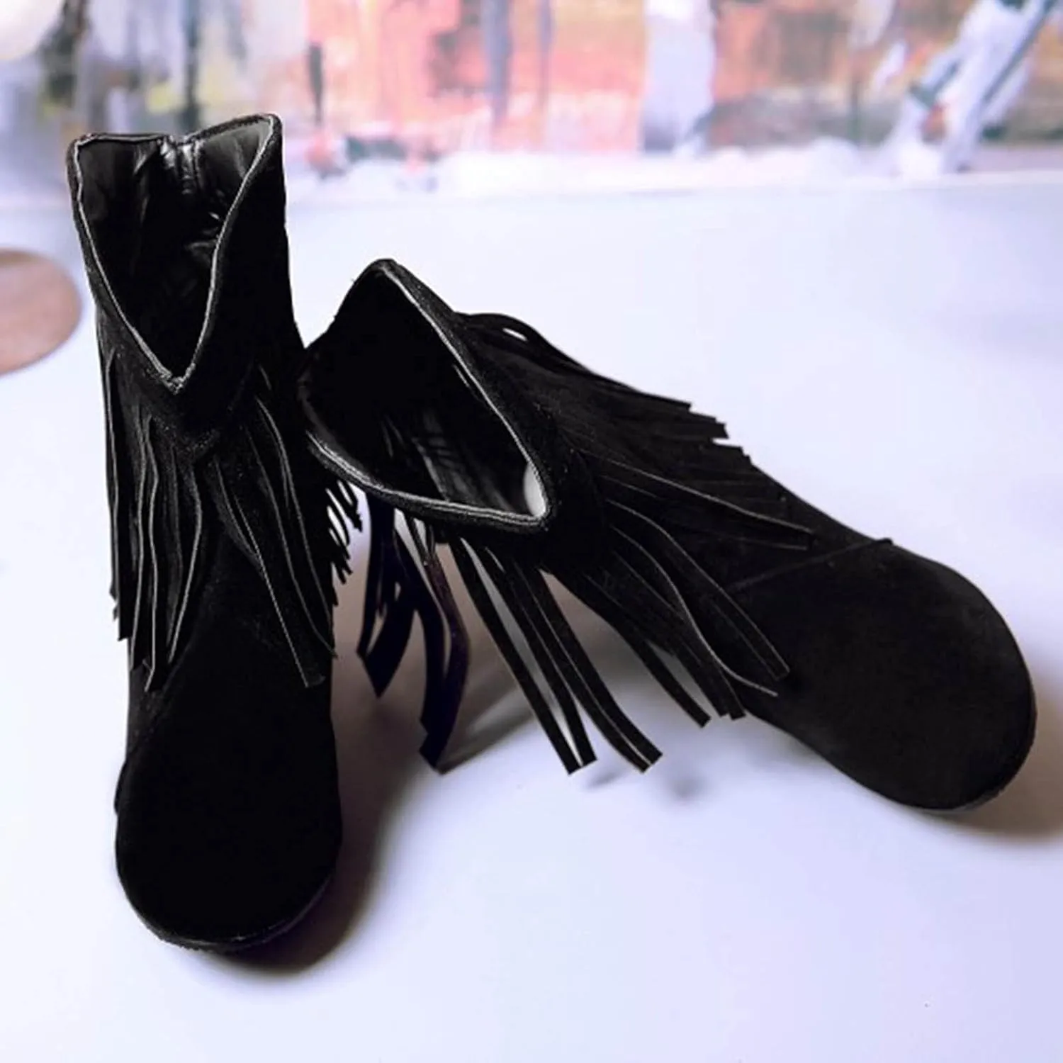 Cowboy Boots for Women Flat Womens Ruffled Ankle Boots Low Chunky Block Stacked Heel Boots Slip On Pointed Toe Western Shoes 52
