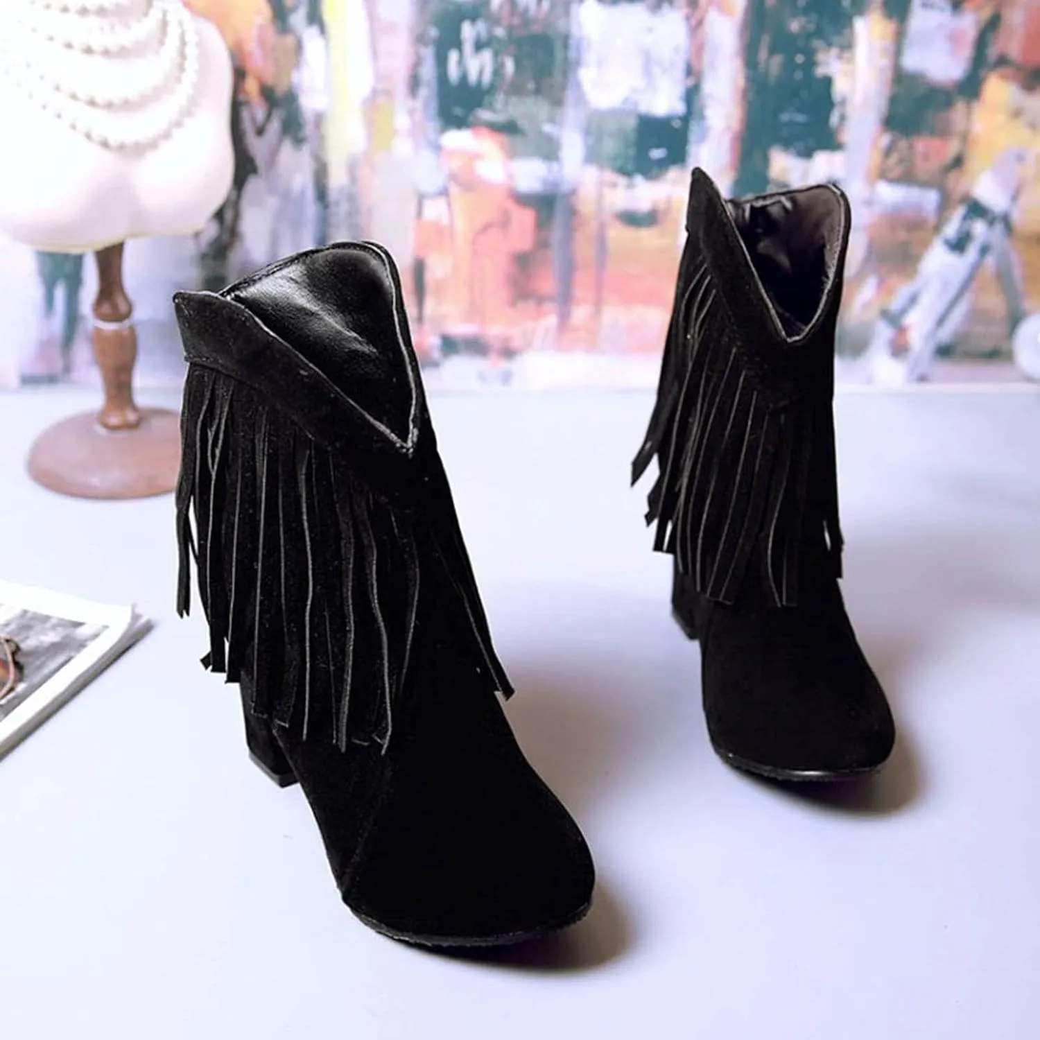 Cowboy Boots for Women Flat Womens Ruffled Ankle Boots Low Chunky Block Stacked Heel Boots Slip On Pointed Toe Western Shoes 52