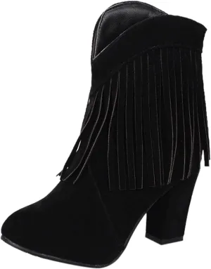 Cowboy Boots for Women Flat Womens Ruffled Ankle Boots Low Chunky Block Stacked Heel Boots Slip On Pointed Toe Western Shoes 52