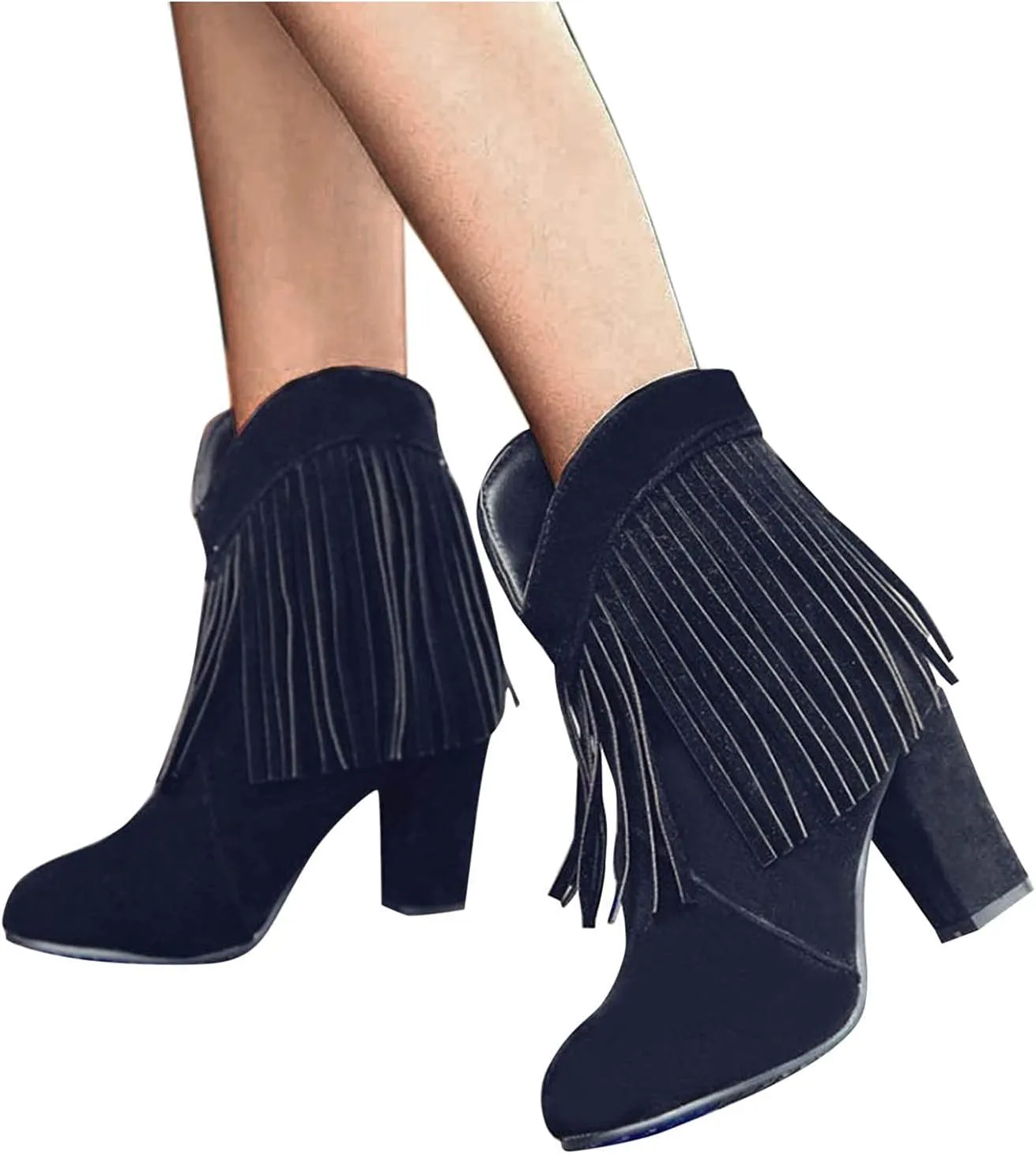 Cowboy Boots for Women Flat Womens Ruffled Ankle Boots Low Chunky Block Stacked Heel Boots Slip On Pointed Toe Western Shoes 52