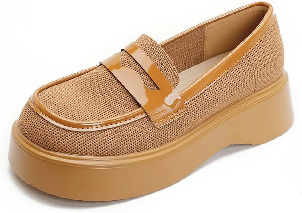 DINTAHA Chunky Platform Loafers for Women Heeled Knit Loafers Slip On Business Casual Shoes