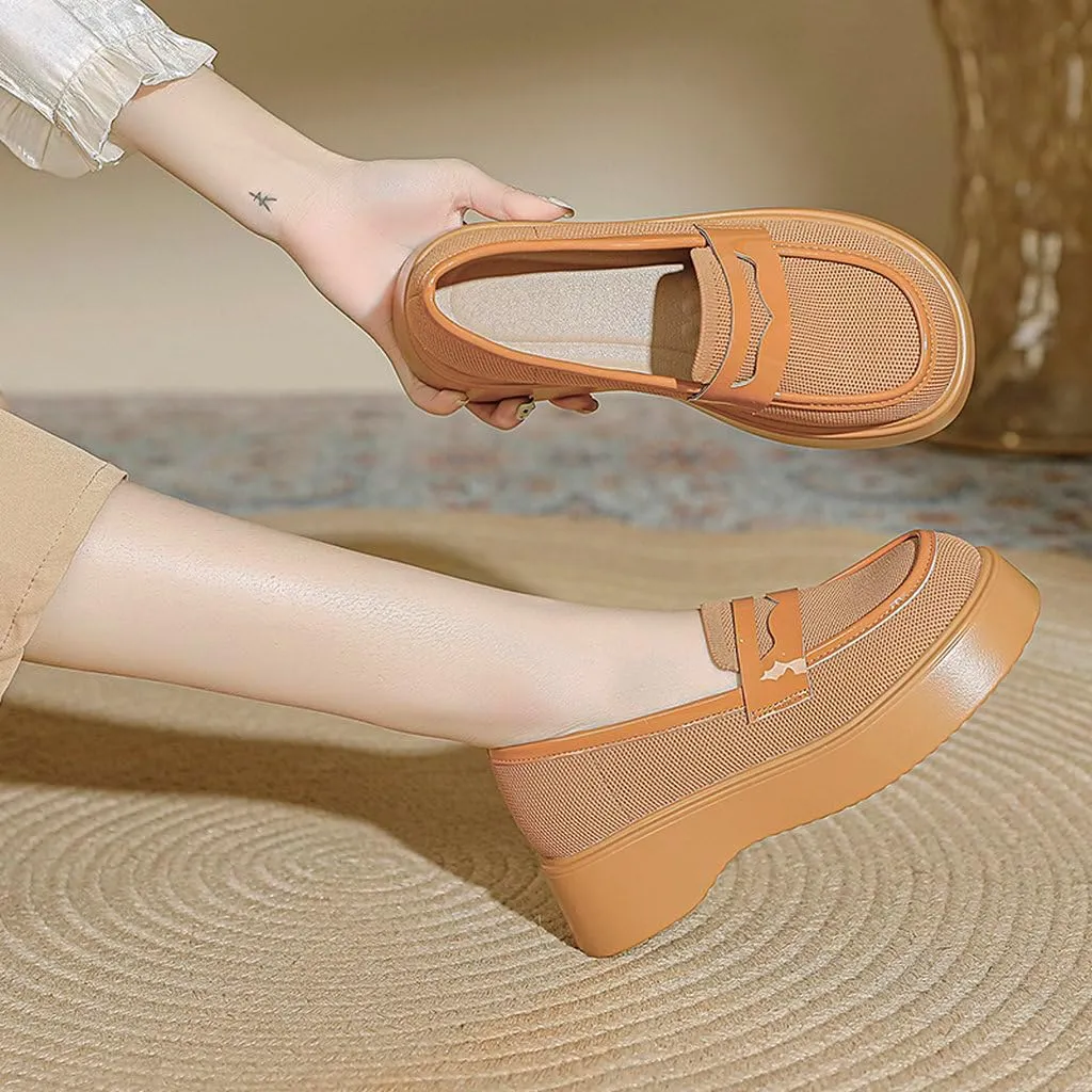 DINTAHA Chunky Platform Loafers for Women Heeled Knit Loafers Slip On Business Casual Shoes