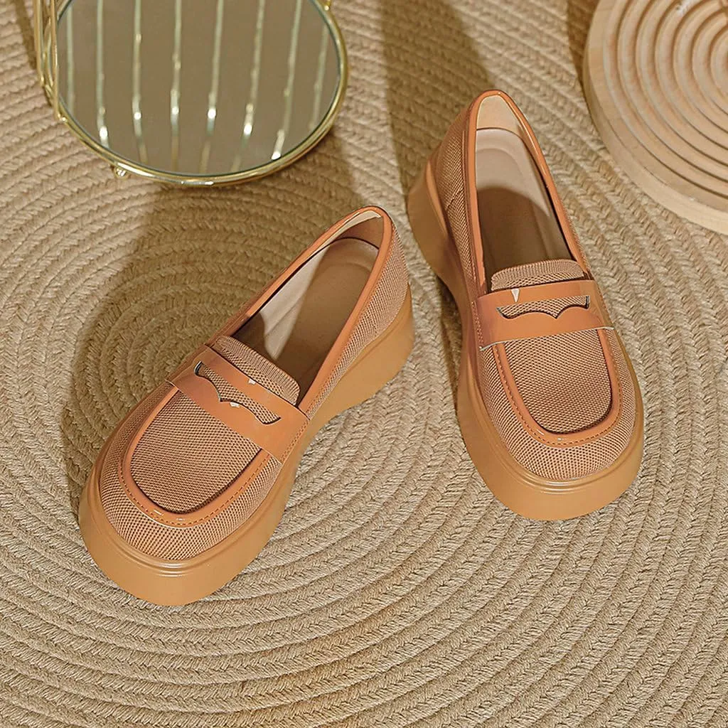 DINTAHA Chunky Platform Loafers for Women Heeled Knit Loafers Slip On Business Casual Shoes
