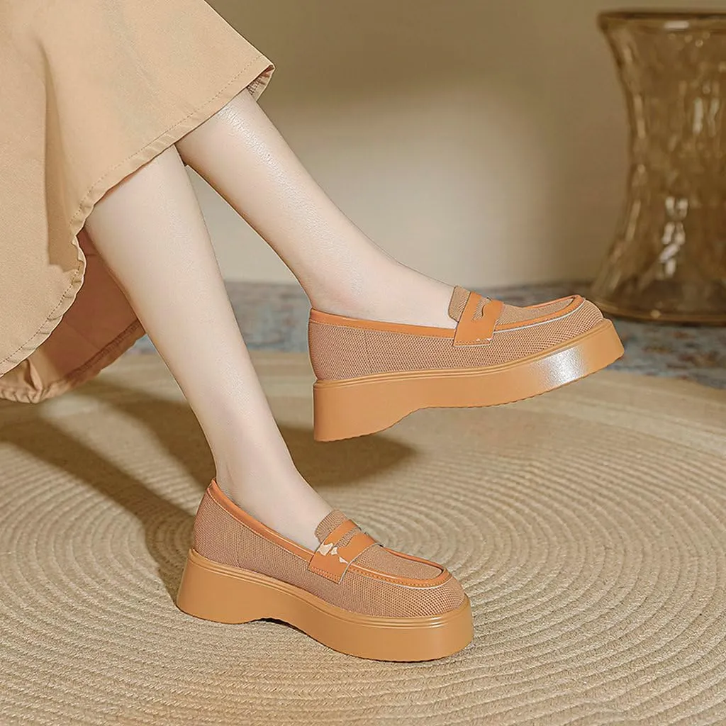 DINTAHA Chunky Platform Loafers for Women Heeled Knit Loafers Slip On Business Casual Shoes