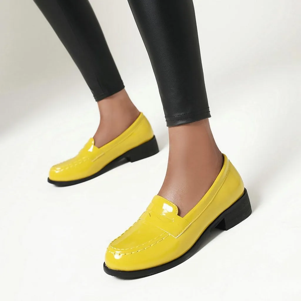 DINTAHA Patent Leather Loafers for Women Chunky Low Heel Loafers Slip On Casual Shoes