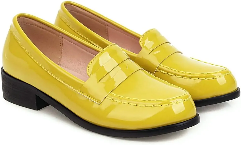 DINTAHA Patent Leather Loafers for Women Chunky Low Heel Loafers Slip On Casual Shoes