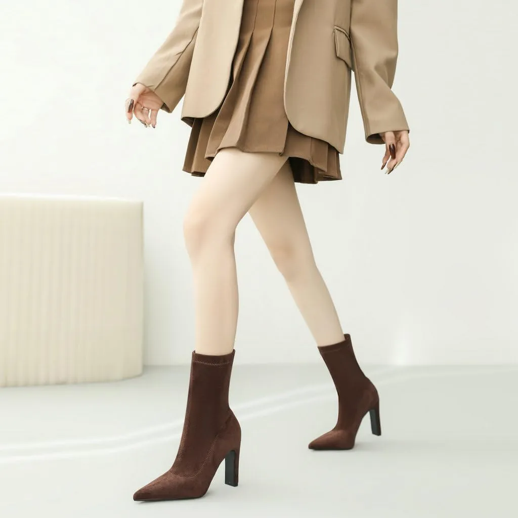 DINTAHA Stretch Faux Suede Ankle Boots Chunky Heel Pointed Toe Booties Fall Boots Women