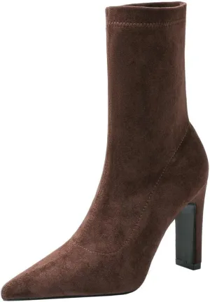 DINTAHA Stretch Faux Suede Ankle Boots Chunky Heel Pointed Toe Booties Fall Boots Women