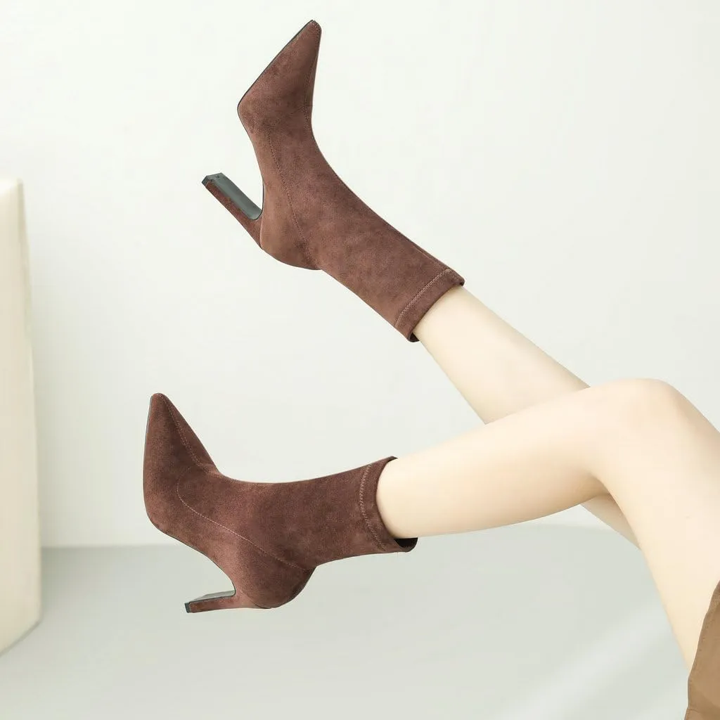 DINTAHA Stretch Faux Suede Ankle Boots Chunky Heel Pointed Toe Booties Fall Boots Women