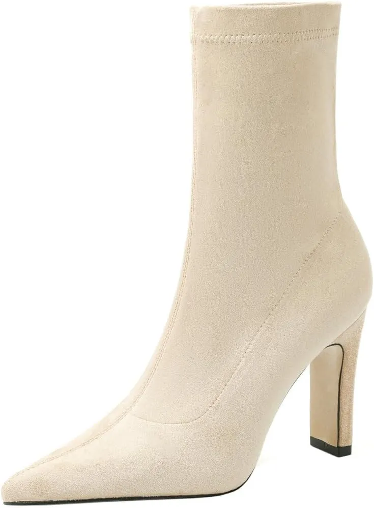 DINTAHA Stretch Faux Suede Ankle Boots Chunky Heel Pointed Toe Booties Fall Boots Women